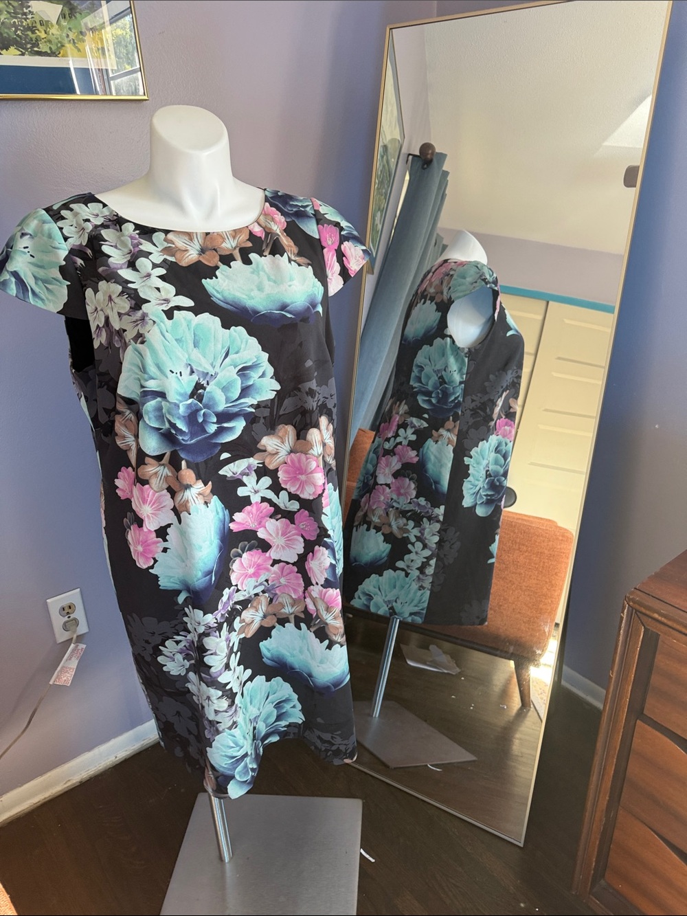 Eliza J Black Shift Dress with Aqua and Pink Floral Print
